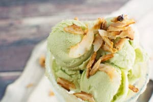 This Avocado Ice Cream has been upgraded with the addition of coconut milk and coconut almond brittle! - Recipe @LittleFiggyFood