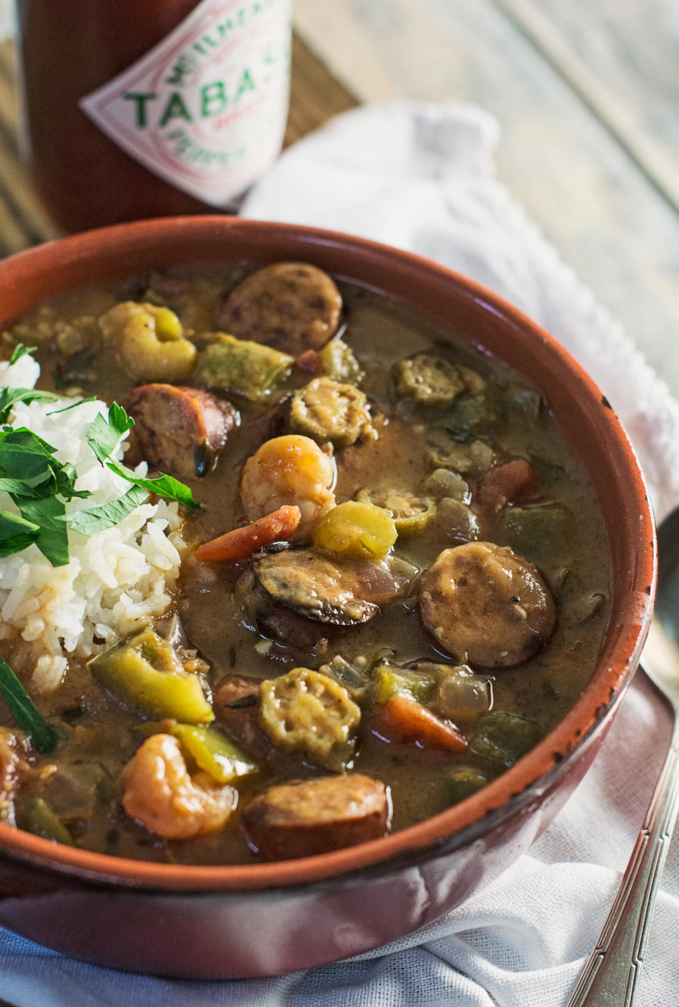 Try this smokey flavored New Orleans classic, Sausage & Shrimp Gumbo! Recipe @LittleFiggyFood